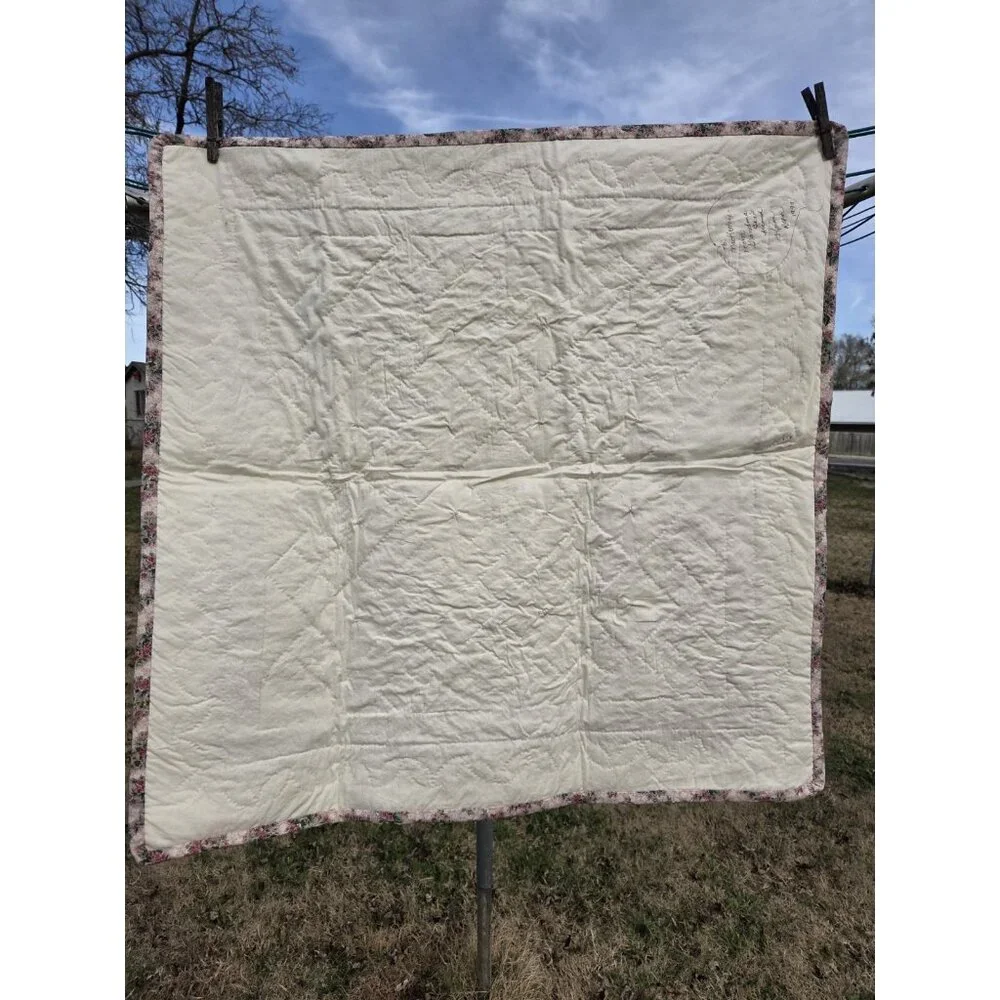 Handmade Floral Print Cotton Hand Quilted Lap Throw Coverlet Baby Quilt Rosettes